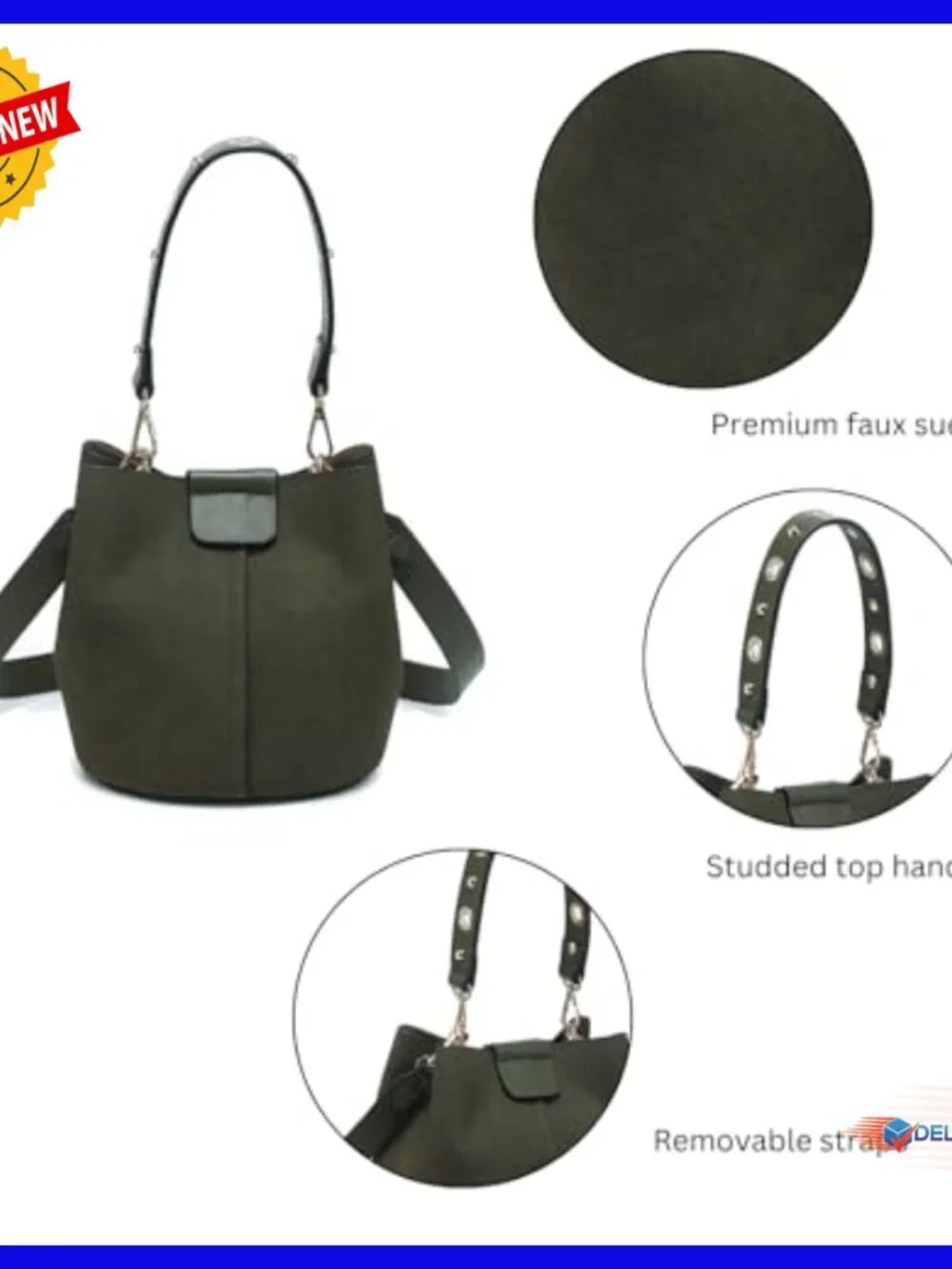 Faux Suede Bucket Bag Hobo Crossbody Shoulder Purse Detachable Strap